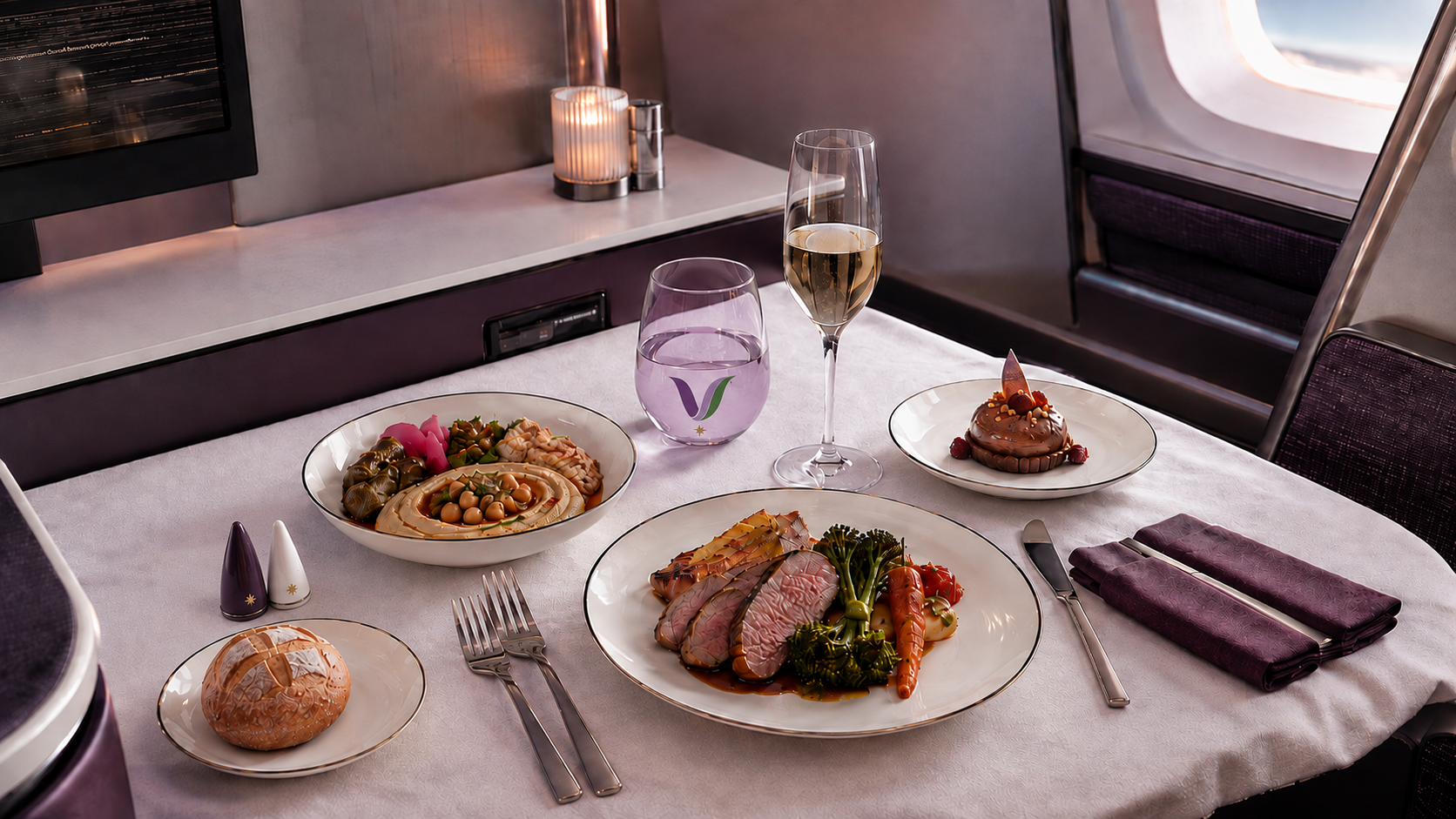 VELA in-flight dining — white linen, champagne and precision plating