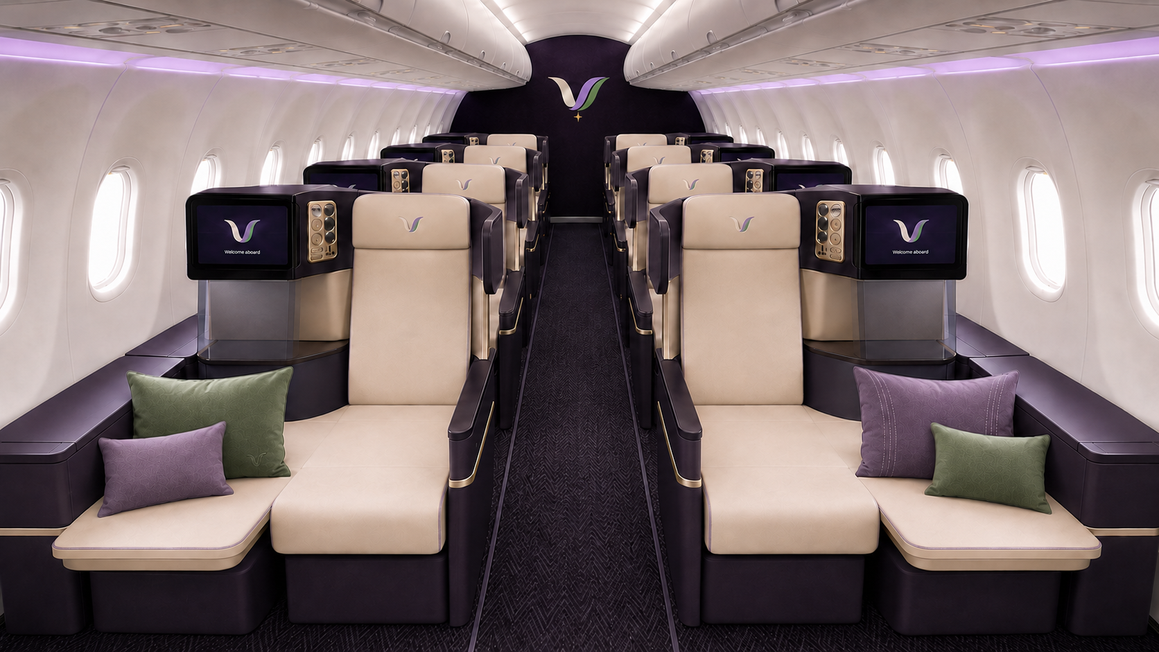 VELA Airways business class cabin — aubergine seats with ivory leather and gold trim