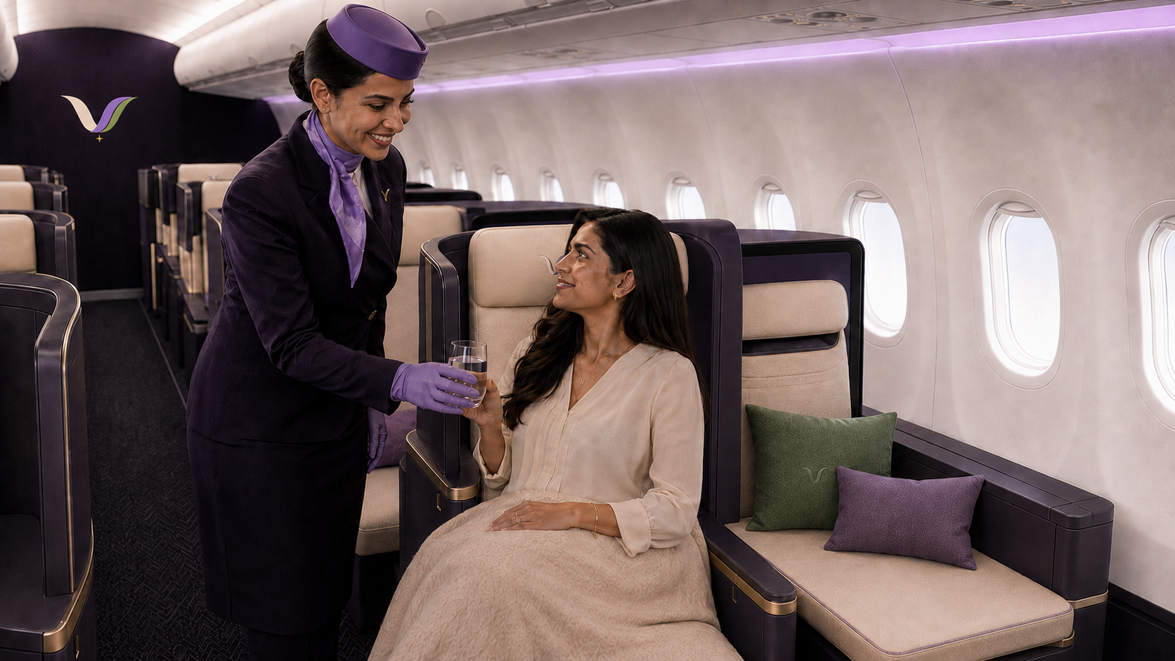 VELA cabin crew offering personal service to a seated passenger