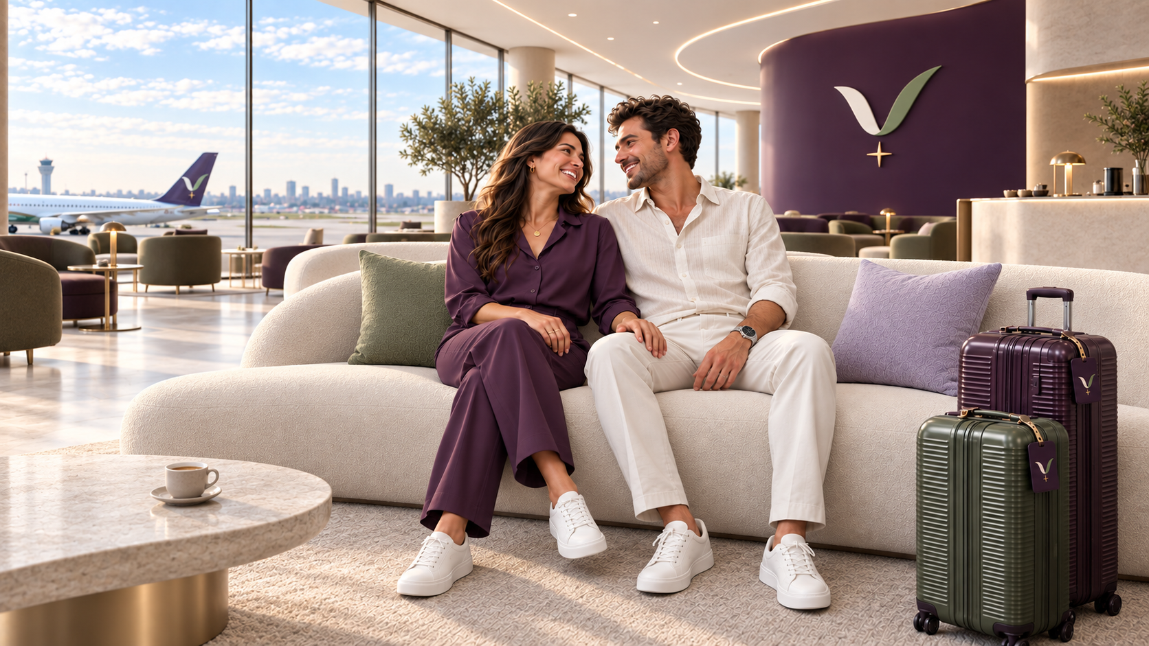 A couple relaxing in the VELA lounge before their flight