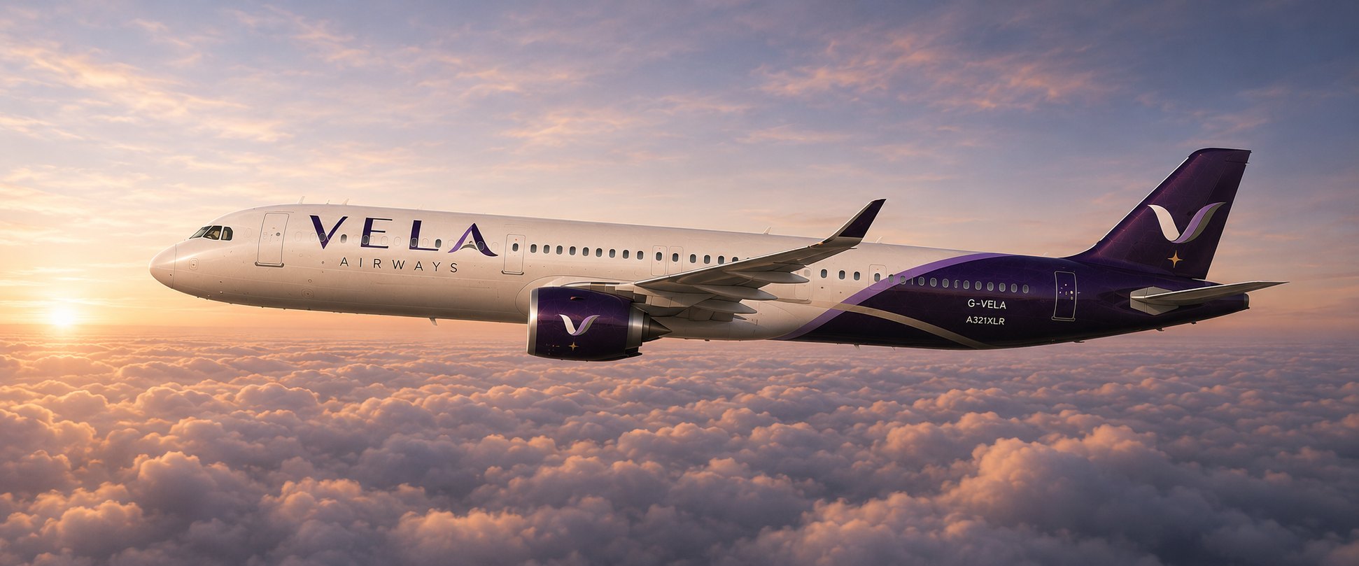 VELA Airways A321XLR in flight at sunset